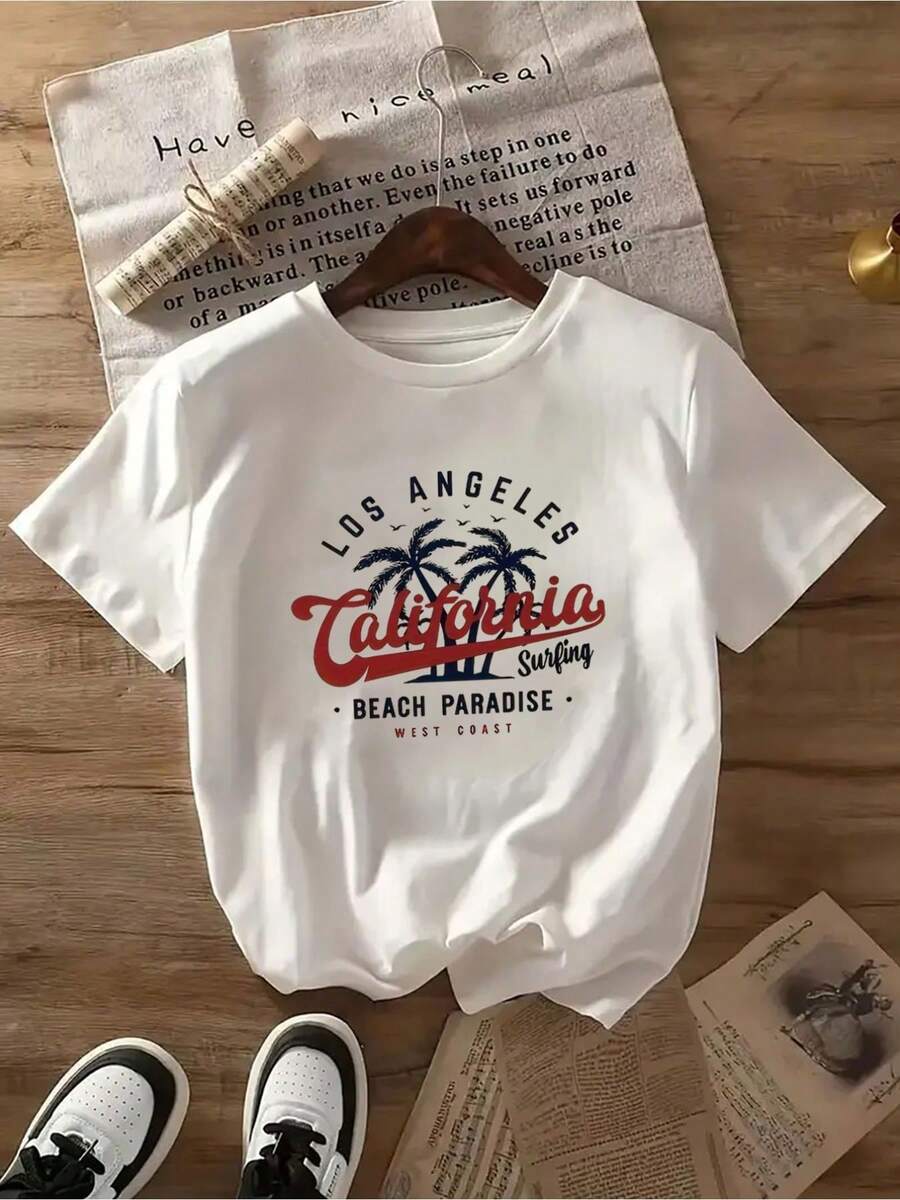Wo Elegant White T-Shirt | Los Angeles California Beach Paradise Graphic Tee, Soft, Machine Washable, Non-See-Through Casual Daily Top, Vacation T-Shirt, Summer Clothes, Panoramic Print, Comfortable Fit, Durable Fabric, Crew Neck - 白色 - 查看 1