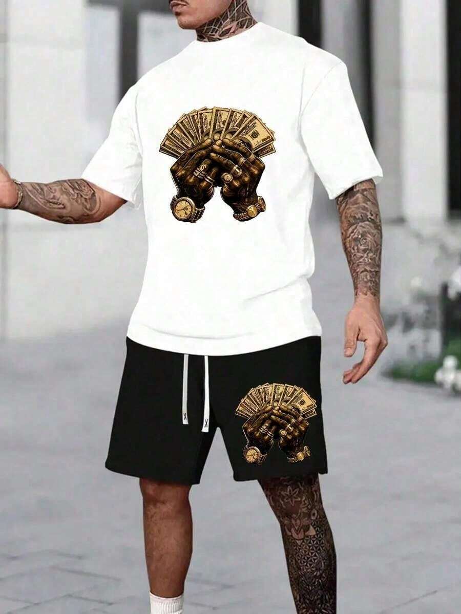 Money Hands Print Men Summer Short Sleeve Shorts Casual Set Shorts Set Two Piece Mens Graphic T-Shirts For Outdoor, For Teenager Men 1Piece Set Mens Clothes - 短褲 - 查看 1