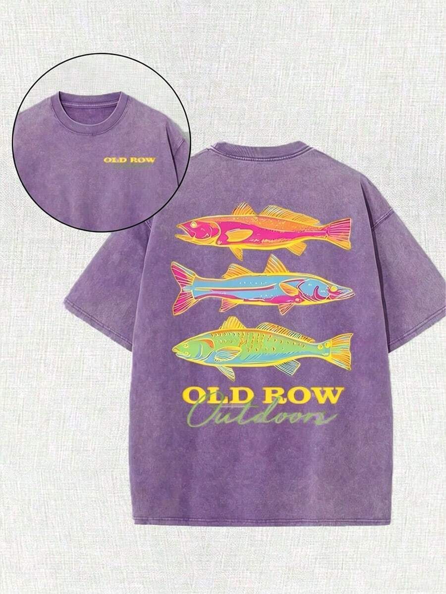 Men's Casual Summer Washed Cotton T-Shirt [Old Row Outdoor] Fish Print, Round Neck, Short Sleeves, Lightweight Cotton Knitted Fabric, Casual Summer Round Neck Shirt |   Rib Details.-Unisex Women & Men's Tees - Màu tím - Xem 1