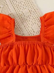 Conjunto de 3 vestidos para niña con cuello cuadrado y volantes acanalados, estampado floral + estampado a rayas + color liso, multicolor, para uso diario, escuela, vacaciones y fiesta, outfit de vuelta al cole - Multicolor - Ver 11
