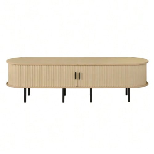 Rectangular TV Unit With Sliding Doors, 2 Open Compartments, Living Room Multimedia Equipment Cabinet, MDF Material, Metal Legs, Rounded Corners, Modern. - Natural Color - View 9