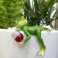 1个动漫风格树脂青蛙摆件 - 趣味花园装饰，配有酒杯和红酒瓶，可悬挂于花盆、玻璃容器、仙女花园等室内外装饰（无需用电），户外雕塑 | 充满活力的花园装饰 | 耐用的户外装饰，青蛙花园装饰 - 拿紅酒青蛙 - 查看 4