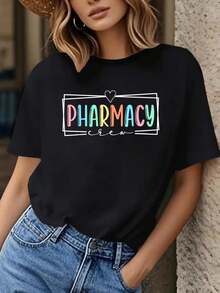 Wo Farmacia Crew Tech certificado Farmacista Técnico Escuadrón camiseta - Negro Casual Crew cuello camiseta de manga corta con impresión de letra colorida y diseño del corazón, estiramiento medio, máquina lavable primavera verano Top, regalos técnico farmacia - Negro - Ver 2