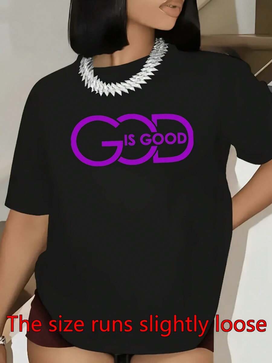 Women's Purple Print T-Shirt 'God Is Good' - Medium Stretch Fabric Top, Short Sleeve Crew Neck Tee For Church, Casual Wear & - Bold Declaration Tee - 黑色 - 查看 1