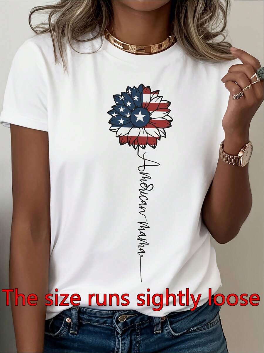 American Mama girasol 4 de julio bandera, verano debe tener nuevo producto adecuado para la primavera y el verano cómodo y casual cuello redondo de la mujer camiseta de manga corta diseñada para el día a día Comfo