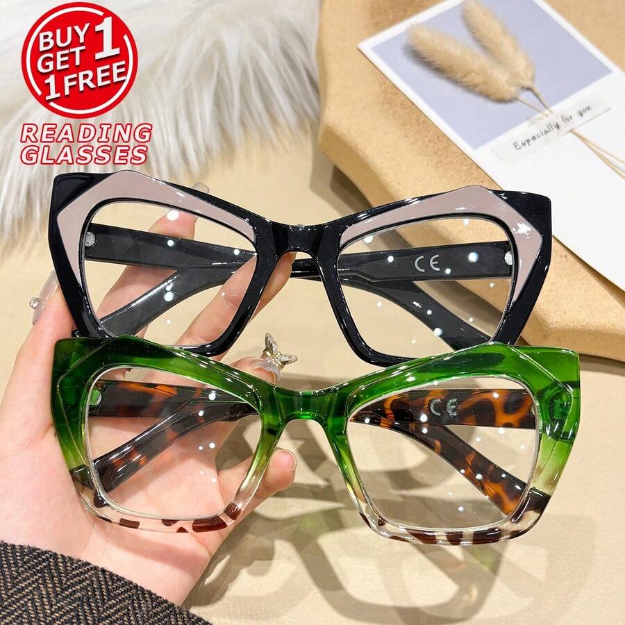 2pcs Unique Cat Eye Reading Glasses Set, Large Cat Eye Frame Design, Fashion Color Combination Reading Glasses, Suitable For All Face Shapes, Stylish Accessory