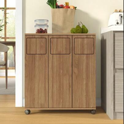 Trash Cabinet, 3-Compartment Waste Collection Cabinet, Rolling Kitchen Cabinet In Oak Look, 3-Door Waste Separation Cabinet With Wheels, For Kitchen & Dining Room, 69.3x35x80.3cm