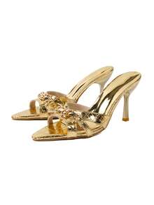 Women's Pointed Toe Metal Gold Decor Elegant High Heel Party Sandals, Suitable For Outdoor Wear, Slim High Heel Versatile Gold Slide Sandals - Gold - View 5