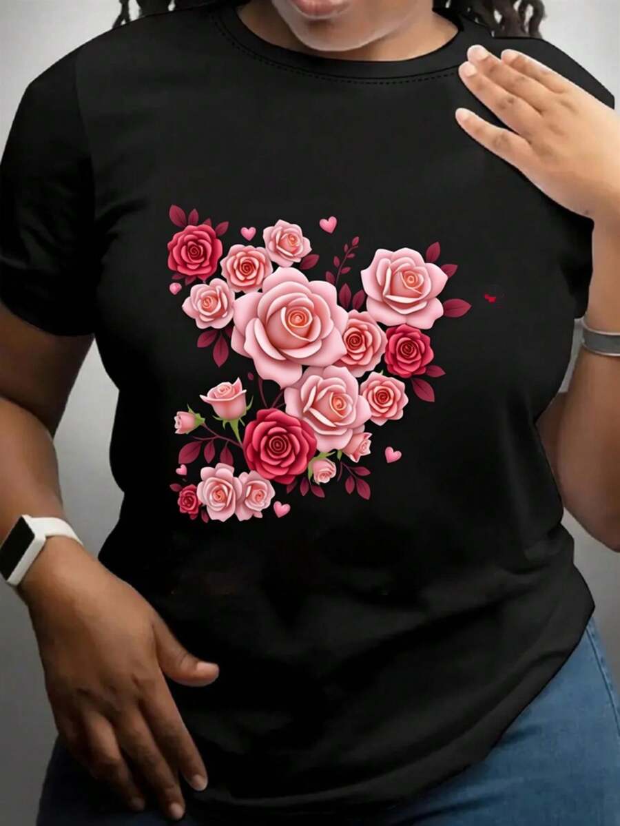 Unisex Black Floral Print T-Shirt for Both Men And Women Featuring a Pink Rose And Heart Design - Made from Soft 180Gsm Fabric with a Loose Fit, Crew Neck, And Short Sleeves, Perfect for Casual Outings, Parties
