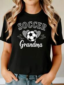 Camiseta de la abuela de fútbol de las mujeres - retro mamá con letras "abuela", cuello de la tripulación de manga corta top casual, estilo de la blusa de verano de primavera adecuado para las fiestas de fútbol, regalos, traje casual - Negro - Ver 2