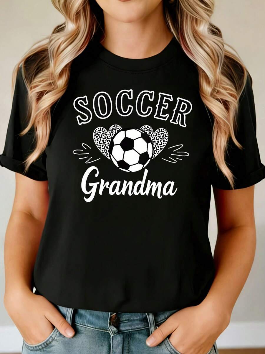 Camiseta de la abuela de fútbol de las mujeres - retro mamá con letras "abuela", cuello de la tripulación de manga corta top casual, estilo de la blusa de verano de primavera adecuado para las fiestas de fútbol, regalos, traje casual