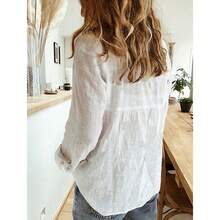Solid Color Casual Loose Long Sleeve Linen Shirt In Stock, Women Lapel Breathable Cotton Linen Blouse - 褐色 - 查看 3