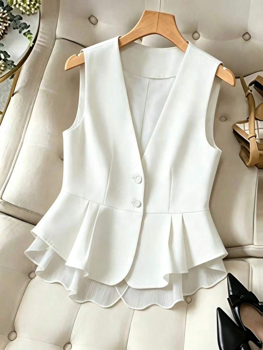 Áo khoác gile thời trang công sở mùa xuân/hè mới, được làm từ vải chiffon với thiết kế ghép mảnh, phù hợp để phối nhiều lớp. - trắng - Xem 1