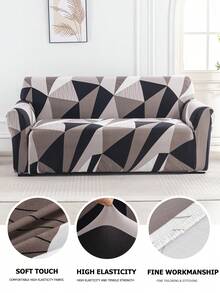 1pc Geometric Pattern Stretch Full Cover Sofa Slipcover, Modern Polyester Fabric, Machine Washable, Suitable For All Seasons - Dark Brown - View 3