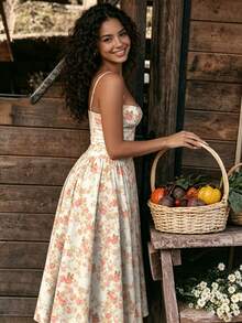 2026 Spring New Women's Clothing: Cross-Border European And American Dress, Elegant French Retro Waist-Cinching Strap Dress - 紅色碎花 - 查看 2