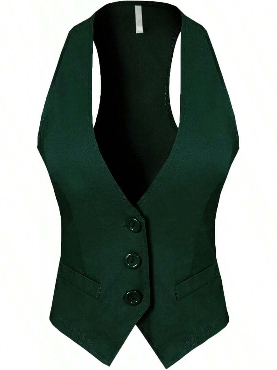 Women's Racerback Tuxedo Vest Slim Fit Stretch Waistcoat Versatile Dressy Casual Sleeveless Layered Outfit - 獵人綠 - 查看 1