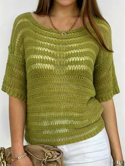 Blusa de manga corta de punto con diseño calado de unicolor y estilo casual para tallas grandes