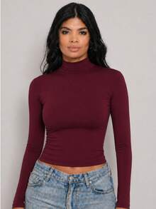 Moderna & Slim Women's Long Sleeve High Neck Blouse, Basic Second Skin Style, Extended Neck, Fitted, Comfortable For Winter - 勃根地 - 查看 4