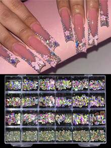 24 Units Nail Art Rhinestones Decorations, Mix Of Ab Glass Flat Round Diamonds, Water Drops, Butterflies, Hearts In Multiple Sizes, Suitable For Women And Girls Nail Art Diy Nail Supplies Nails Nail Charms Nail Gems - Multicolor - View 5