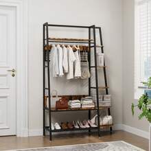 Industrial Style Freestanding Open Clothes Rack With Shelves - Retro Brown Clothes Rack For Bedroom, Living Room And Home Office - Multifunctional Organizer For Storing Clothes And Shoes - 黑色+棕色 - 查看 2