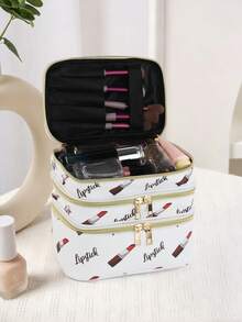 1pc Multi-Purpose 3-Layer Handheld Makeup Bag With Lipstick Print, Durable Material Large Capacity Travel Organizer - Multicolor - View 3