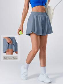NcmRyu 1件女款素色彈性腰口袋內襯寬鬆休閒運動短褲 - 藍色 - 查看 10