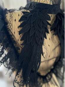 Gothic Style Angel Wings Lace Detachable Collar, Adjustable Ribbon, Elegant Black Lace Decorative Collar With Ruffled High Neck, Angel Wings Embroidery Sheer Mesh, Suitable For Daily Wear, Party, Holiday - Black - View 10