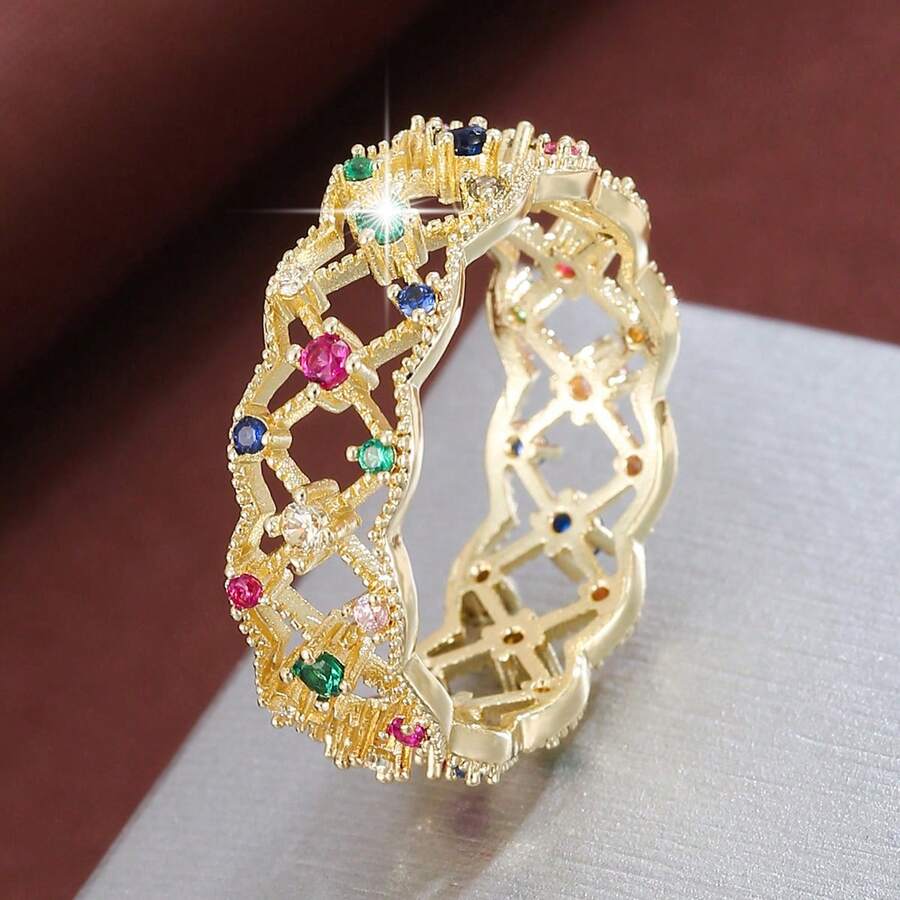 1 chiếc nhẫn nữ thiết kế lưới rỗng, đính đá Cubic Zirconia, quà tặng thường ngày. - Nhiều màu - Xem 1