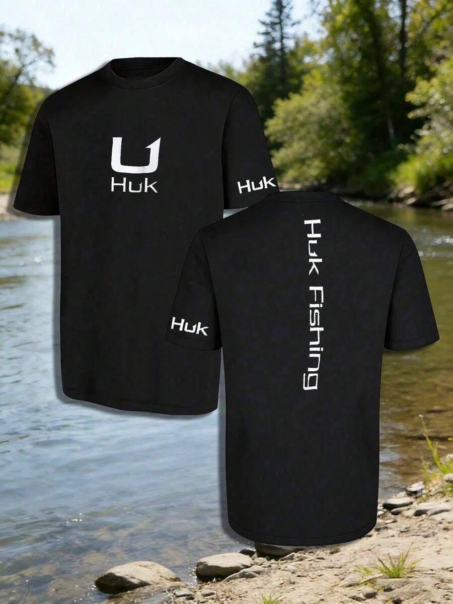 Men's Casual Crewneck HUK T - Shirt - Camo Bass Fish Graphic, Soft Cotton Summer Fishing Hiking Short Sleeved T-ShirtUnisex HUK - 黑色 - 查看 1