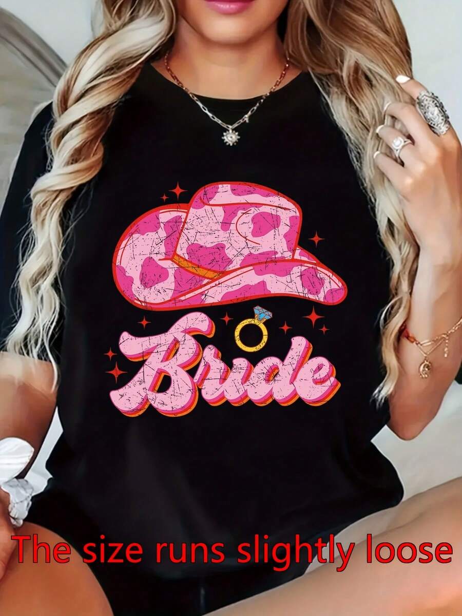 Women's Breathable Wedding Print T-Shirt - Bride Bridesmaid Outfit, Short Sleeve Round Neck Casual Bridal Dresses, Spring Summer Machine Washable Clothing Suitable For Weddings And Special Events - 黑色 - 查看 1
