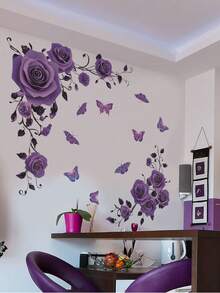 1pc Purple Rose Wall Sticker, Suitable For Living Room, Bedroom, Study, Also Can Be Given As Gift To Friends, Hanging Floral Wall Decal - With Adhesive Backing, Applicable For Bedroom, Homestay, Sofa Background Wall, Creating A Gentle Forest-Inspired Style - Wall Stickers - View 1