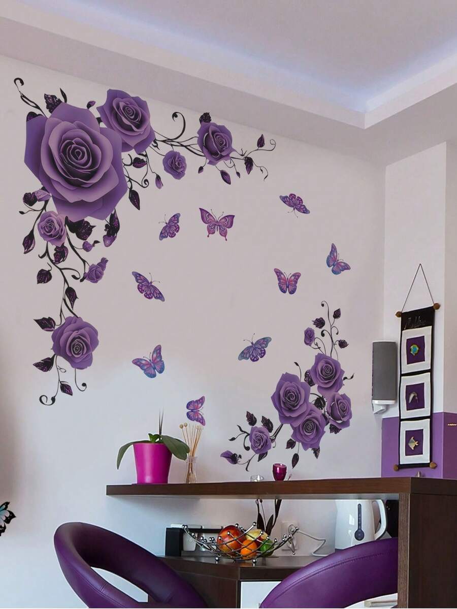 1pc Purple Rose Wall Sticker, Suitable For Living Room, Bedroom, Study, Also Can Be Given As Gift To Friends, Hanging Floral Wall Decal - With Adhesive Backing, Applicable For Bedroom, Homestay, Sofa Background Wall, Creating A Gentle Forest-Inspired Style - Wall Stickers - View 1
