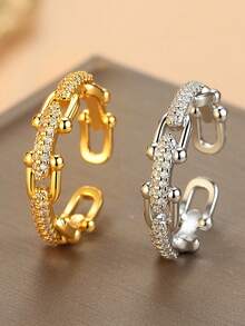 1 pieza Anillo de dedo con cadena de circonita microincrustada, anillo de estilo minimalista elegante para mujeres - Anillo con forma de herradura - Ver 3