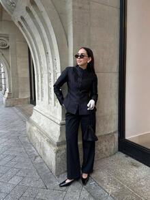 Women's Chinese-Style Button-Front Jacket: Fashionable Cropped Coat With Solid Color Stand-Up Collar - Black - View 4