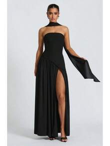 Colorblock Strapless High Split Maxi Dress Elegant Evening Summer Dress For Women - Màu Đỏ Sâu - Xem 2