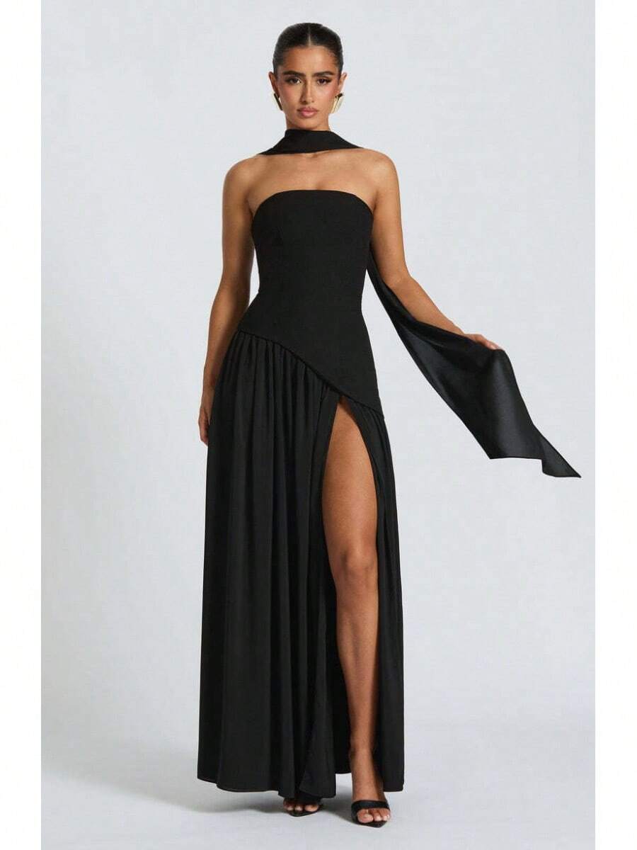 KZKZWK Colorblock Strapless High Split Maxi Dress Elegant Evening Summer Dress For Women - 黑色 - 查看 1