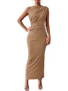 2026 Summer Women Ruched Bodycon Maxi Dress Sleeveless Lightweight Side Slit Elegant Cocktail Wedding Guest Formal Party Long Dress - 深卡其色 - 查看 7