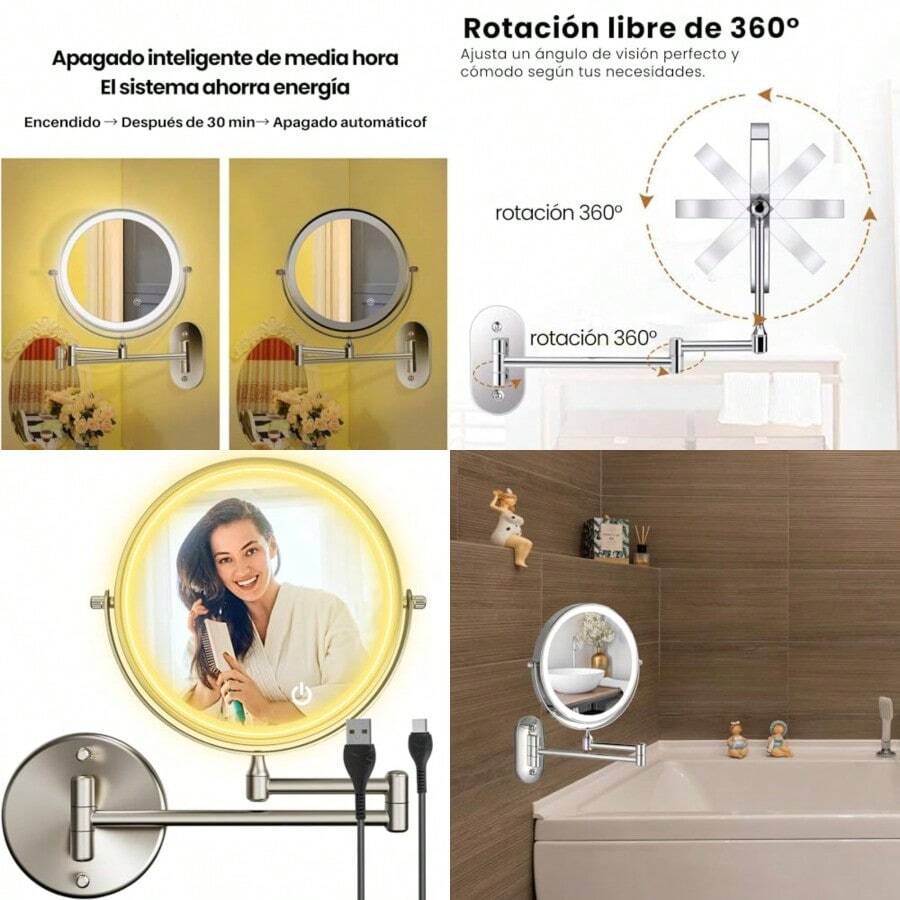 Espejo para Baño con Luz LED Espejo de Maquillaje con Aumento 1X/5X Antiempañante y Giratorio 360° Espejo Redondo con Brazo Extensible y Luz Blanca Regulable Recargable para Tocador - como en la imagen - Ver 1