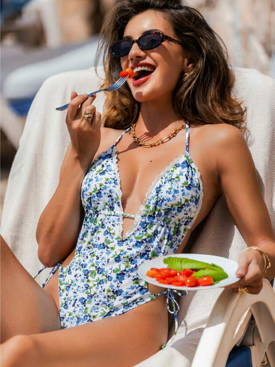 Women's Elegant Leaf & Floral Print Backless Halter Vacation Beach Swimsuit, Suitable For Spring, Summer And Autumn - Blue - View 1