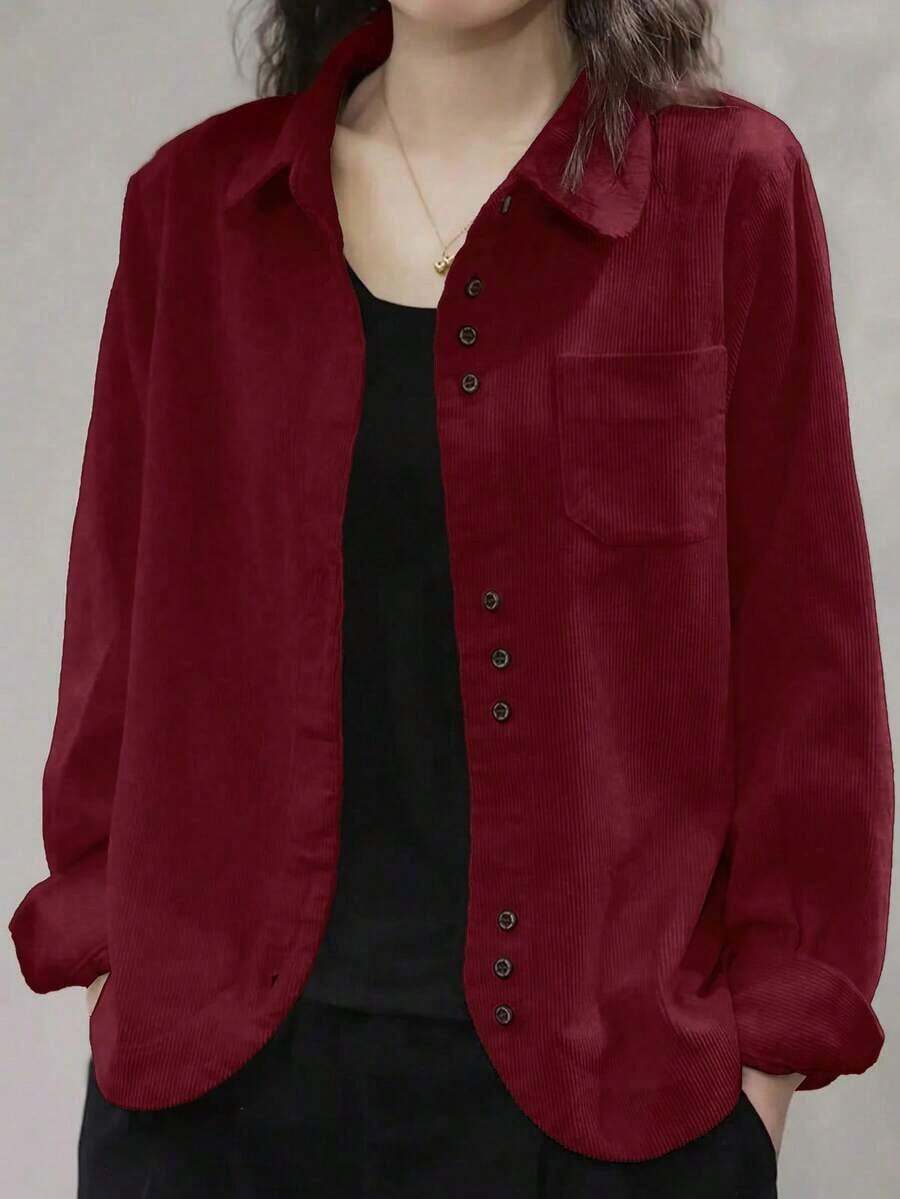 Camisa de mujer de pana con botones, de ajuste relajado, chaqueta de cárdigan de manga larga de moda informal, blusas holgadas con bolsillo para otoño 2025 y primavera - Burdeos - Ver 1