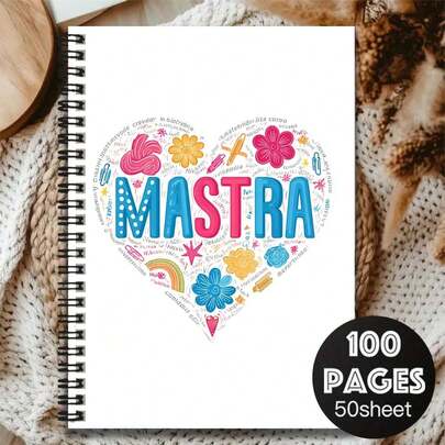 1pc "MASTRA" Themed Creative Spiral Notebook, Cover Presents Colorful Heart Pattern, Filled With Cute Floral, Stationery Elements And Multi-Language Text. 100 Pages (50 Sheets), Suitable For Work Records, Study Notes, Campus Writing, Also A Great Gift Choice For Graduation, Birthday, Can Be Used As Diary, Daily Planner, Memo.