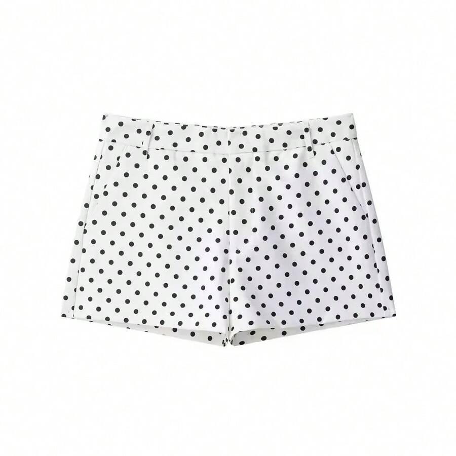 Conjunto de 2 piezas con estampado de lunares vintage para mujer, blusa corta de manga larga y pantalones cortos, conjunto informal holgado para primavera y verano - Pantalones cortos blancos con lunares - Ver 1