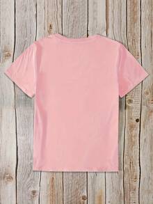 Camiseta con estampado de la frase "God bless you", top casual de manga corta y cuello redondo, ropa de mujer para primavera y verano. - Rosa - Ver 2