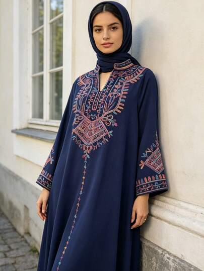 1pc Women's Arabic Style Embroidered Dress, Muslim Kaftan Evening Gown, Plus Size Muslim Dress, Middle Eastern Style Long Dress