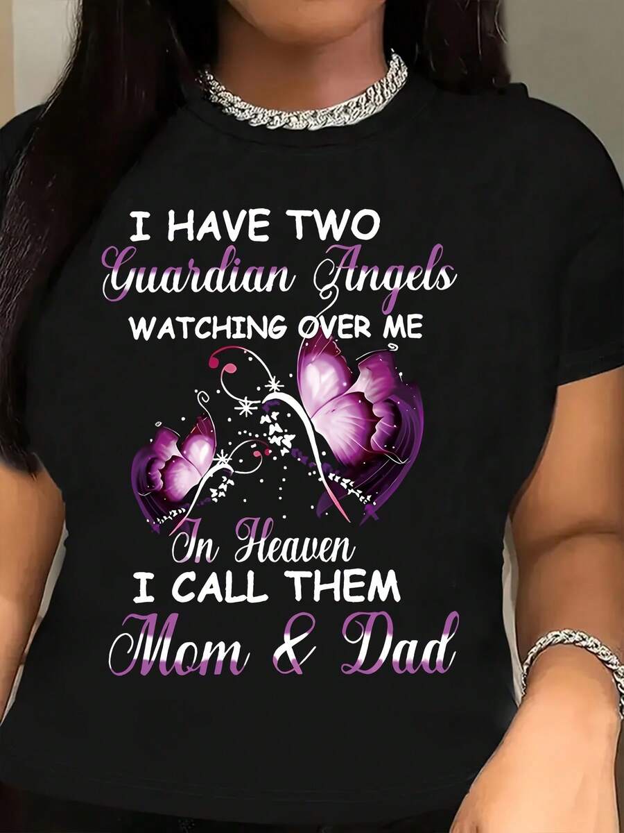Camiseta de cuello redondo casual para mujeres con un diseño 'Mamá y papá me protegen', mangas cortas, longitud regular, hecha de fibra, adecuada para todas las estaciones, elegante top de mujer
