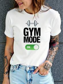 Creativo gimnasio MOOE gráfica impresa mujer elegante, cómodo, transpirable deportes casuales camiseta de manga corta - Blanco - Ver 2