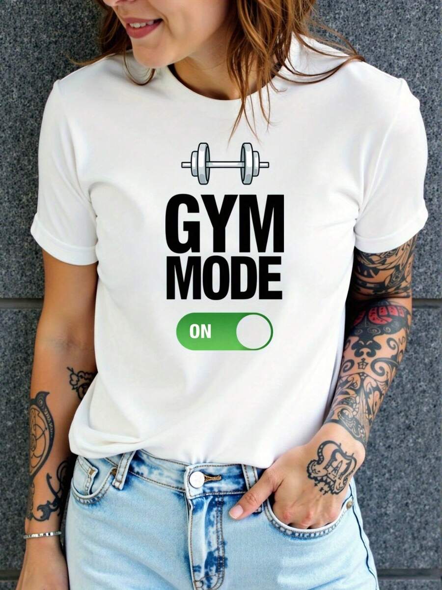 Creativo gimnasio MOOE gráfica impresa mujer elegante, cómodo, transpirable deportes casuales camiseta de manga corta