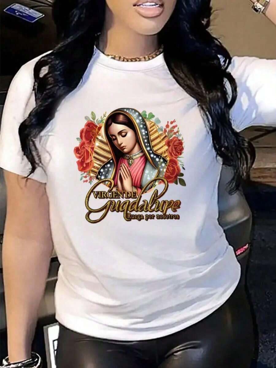 GiftT-Shirt Women's Graphic T-Shirt Short Sleeve Round Neck Basic Comfortable Cool Lightweight Mexican Print Virgin Of Guadalupe Mexico Roses Flower Floral Phrase Pray For Us Soft - 白色的 - 查看 1