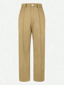 Pantalones rectos de tela de traje con bolsillo con cremallera de unicolor , sin cintura, elegantes para ir al trabajo, la oficina, uso casual, primavera/verano, versátiles - Caqui - Ver 4
