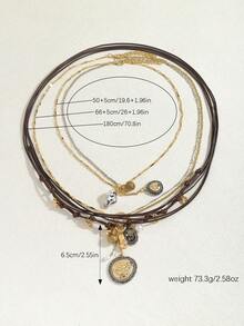 Vintage Multi-Layer Mixed Craft Women Necklace, Leather Cord Metal Chain With Coin & Pearl Pendant - Multicolor - View 11